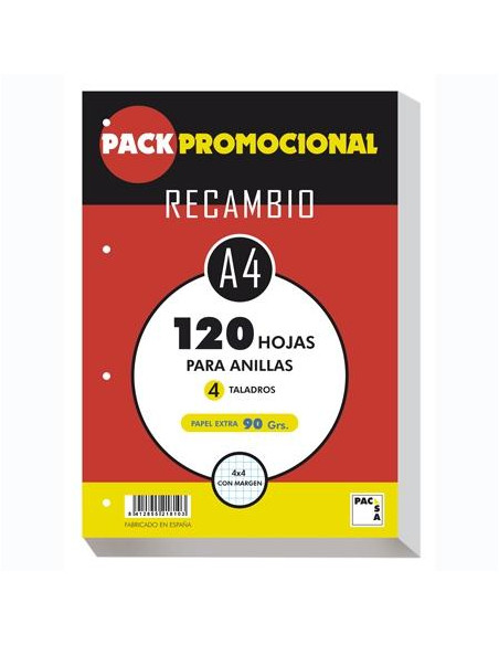 PACSA RECAMBIO 120H A4 90GR 4X4MM 4 TALADROS PAPEL EXTRA