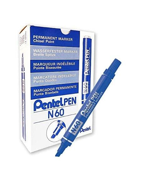PENTEL PEN N60 MARCADOR PERMANENTE ALUMINIO PUNTA BISELADA AZUL -12U-