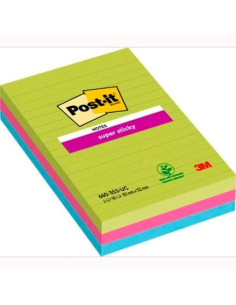 POST-IT BLOC NOTAS ADHESIVAS SUPER STICKY CON LÍNEAS 90H FORMATO GRANDE 102X152 CSURTIDOS PAQUETE 3 UD