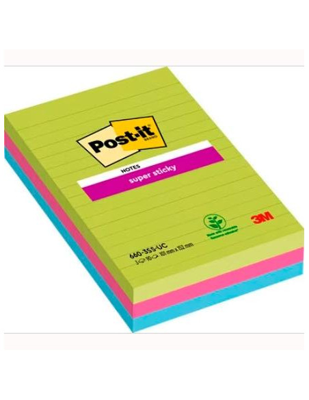 POST-IT BLOC NOTAS ADHESIVAS SUPER STICKY CON LÍNEAS 90H FORMATO GRANDE 102X152 CSURTIDOS PAQUETE 3 UD
