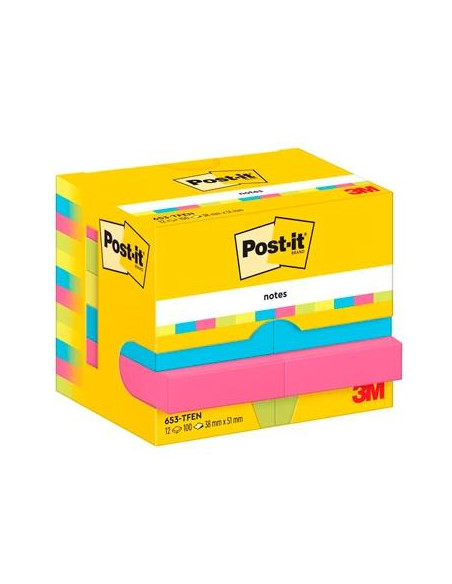 POST-IT BLOCS NOTAS 653 GAMA ENERGETIC AMARILLOAZULFUSIAVERDE NEÓN 38X51  -PACK 12-