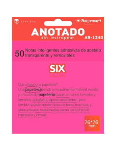 ROYMART BLOC NOTAS ADHESIVAS INTELIGENTES REMOVIBLES 50H 76X76 ACETATO TRANSPARENTE ROSA FLUORESCENTE