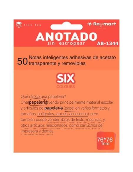 ROYMART BLOC NOTAS ADHESIVAS INTELIGENTES REMOVIBLES 50H 76X76 ACETATO TRANSPARENTE NARANJA FLUORESCENTE