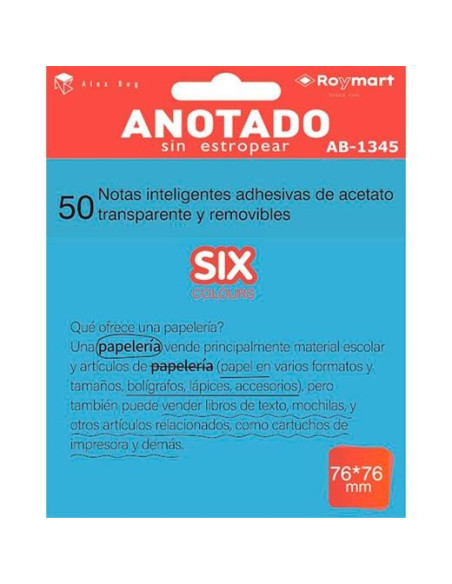 ROYMART BLOC NOTAS ADHESIVAS INTELIGENTES REMOVIBLES 50H 76X76 ACETATO TRANSPARENTE AZUL FLÚOR