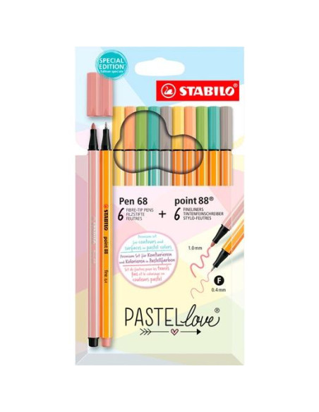 ROTULADOR FIBRA STABILO PEN 68POINT 88 PASTEL LOVE ESTUCHE de CARTON de 12 6x Pen 68 y 6x Point 88