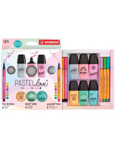 ROTULADOR FIBRA STABILO MINI PEN 68&POINT 88&BOSS PASTEL LOVE ESTUCHE de CARTON de 18 6x Pen 68 Mini 6x Point 88 Mini y 6x BOSS 