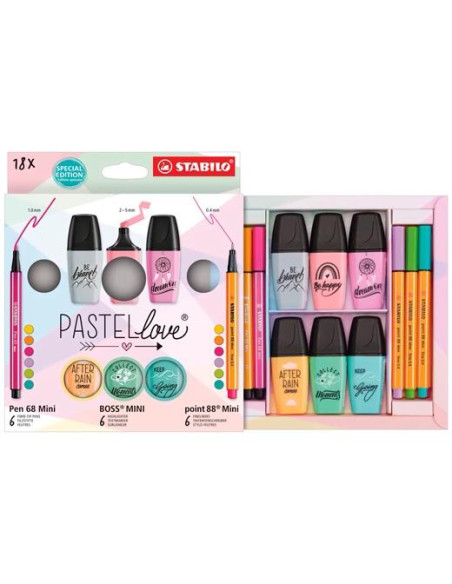 ROTULADOR FIBRA STABILO MINI PEN 68&POINT 88&BOSS PASTEL LOVE ESTUCHE de CARTON de 18 6x Pen 68 Mini 6x Point 88 Mini y 6x BOSS 
