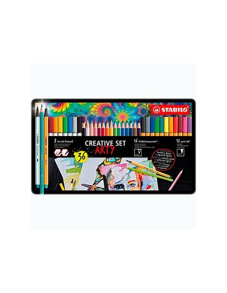 ROTULADOR FIBRA STABILO PEN 68POINT 88AQUACOLOR ARTY LINE ESTUCHE METAL DE 36 8x PEN BRUSH 68 12x POINT 88 16x AQUACOLOR