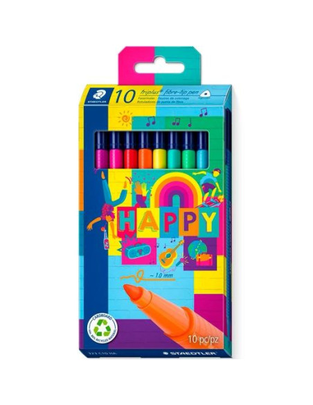 ROTULADOR FIBRA STAEDTLER  323 TRIPLUS COLOR HAPPY LINE ESTUCHE de 10