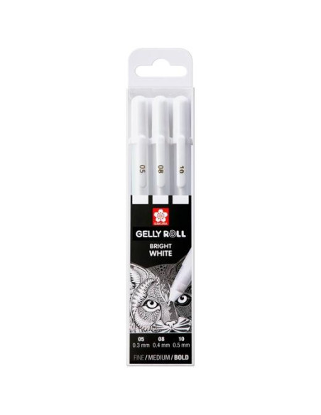 TALENS SAKURA BOLÍGRAFOS GELLY WHITE FINOMEDIOGRUESO GEL BRILLANTE ESTUCHE DE 3 BLANCO