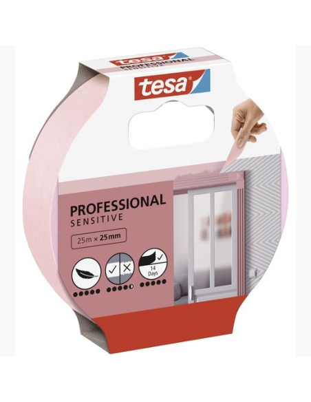 TESA CINTA ADHESIVA DE ENMASCARAR PROFESSIONAL SENSITIVE PARA PINTOR ROLLO 25MX25MM ROSA
