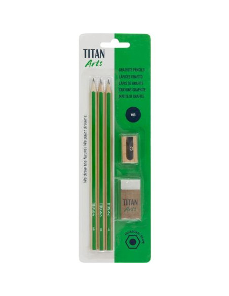 TITAN ARTS 3 LÁPICES DE GRAFITO HB  SACAPUNTAS  GOMA