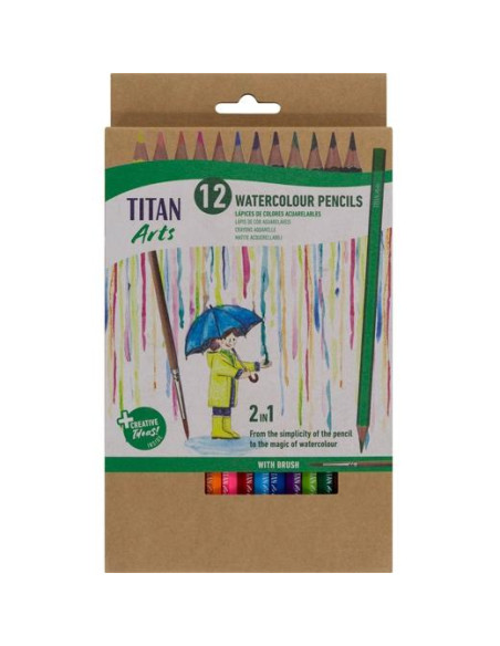 TITAN ARTS LÁPICES DE COLORES ACUARELABLES SURTIDOS ESTUCHE 12 UD  PINCEL