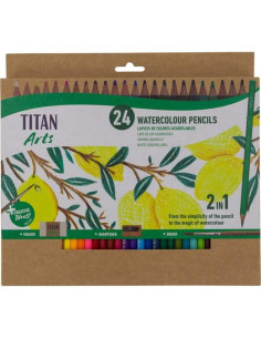 TITAN ARTS LÁPICES DE COLORES ACUARELABLES SURTIDOS ESTUCHE 24 UD  PINCEL  GOMA  SACAPUNTAS