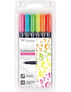TOMBOW FUDENOSUKE ROTULADORES CALIGRAFÍA PUNTA ELÁSTICA DURA CSURTIDOS NEÓN ESTUCHE 6 UD