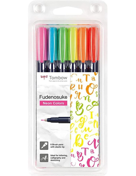TOMBOW FUDENOSUKE ROTULADORES CALIGRAFÍA PUNTA ELÁSTICA DURA CSURTIDOS NEÓN ESTUCHE 6 UD