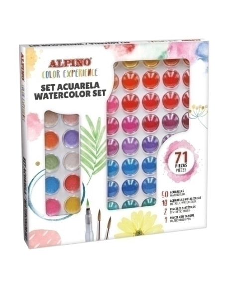 ACUARELAS COLOR EXPERIENCE SET de 71  50 acuarelas 18 acuarelas metalizadas  2 pinceles   1 pincel con deposito