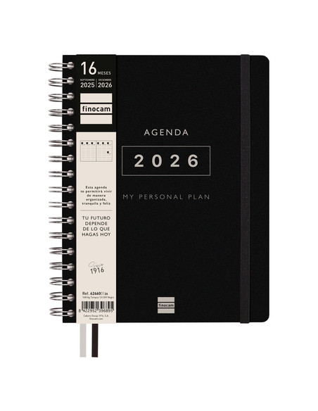 FINOCAM AGENDA TEMPUS ESPIRAL DOBLE 16 MESES 4 SVV CIERRE CGOMA TAPA EXTRADURA NEGRO 2025-2026