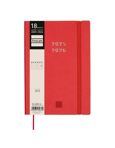 AGENDA ANUAL 2025-26 FINOCAM 18 MESES INTERNACIONAL MARA COSIDA tapa EXTRADURA SV Y10 140x204 con GOMA ROJO