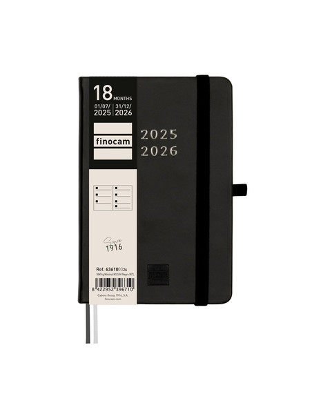 AGENDA ANUAL 2025-26 FINOCAM 18 MESES INTERNACIONAL MINIMAL COSIDA tapa EXTRADURA SV APAIS M3 100x150 con GOMA NEGRO