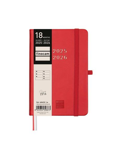 AGENDA ANUAL 2025-26 FINOCAM 18 MESES INTERNACIONAL MINIMAL COSIDA tapa EXTRADURA SV APAIS M3 100x150 con GOMA ROJO