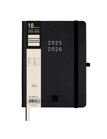 AGENDA ANUAL 2025-26 FINOCAM 18 MESES INTERNACIONAL MINIMAL COSIDA tapa EXTRADURA SV APAIS M5 140x190 con GOMA NEGRO
