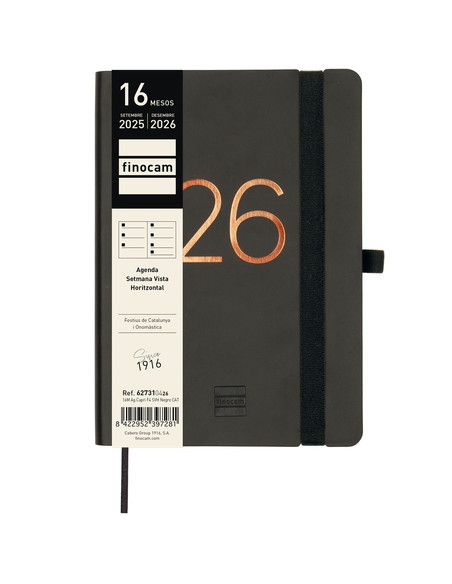 AGENDA ANUAL 2025-26 FINOCAM CATALAN 16 MESES CAPRI COSIDA tapa EXTRADURA SV APAIS F4 118x168 con GOMA NEGRE