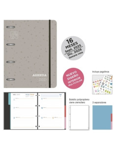 AGENDA ANUAL 2025-26 SENFORT 16 MESES IKI ANILLAS tapa EXTRA con GOMA 180x220 SV SEOUL GRIS