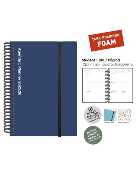 AGENDA ANUAL 2025-26 SENFORT 16 MESES IKI FOAM ESPIRAL tapa PP con GOMA 155x215 SV AZUL
