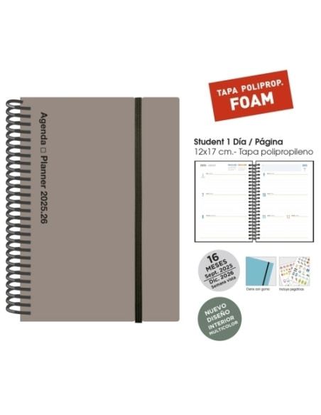 AGENDA ANUAL 2025-26 SENFORT 16 MESES IKI FOAM ESPIRAL tapa PP con GOMA 155x215 SV GRIS