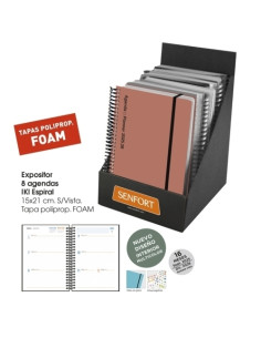 AGENDA ANUAL 2025-26 SENFORT 16 MESES IKI FOAM ESPIRAL tapa PP con GOMA 155x215 SV SURTIDO EXPOSITOR DE 8