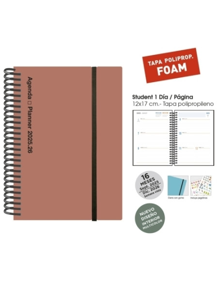AGENDA ANUAL 2025-26 SENFORT 16 MESES IKI FOAM ESPIRAL tapa PP con GOMA 155x215 SV TERRACOTA