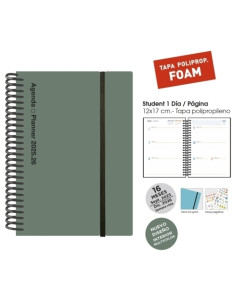 AGENDA ANUAL 2025-26 SENFORT 16 MESES IKI FOAM ESPIRAL tapa PP con GOMA 155x215 SV VERDE