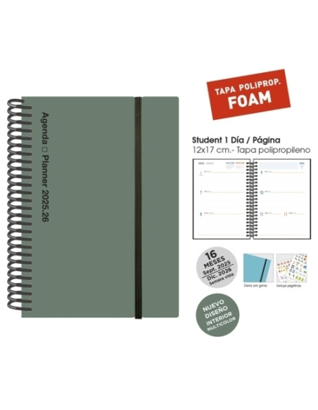 AGENDA ANUAL 2025-26 SENFORT 16 MESES IKI FOAM ESPIRAL tapa PP con GOMA 155x215 SV VERDE