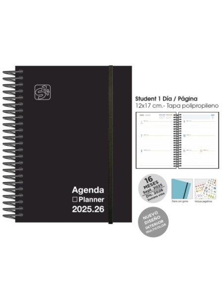 AGENDA ANUAL 2025-26 SENFORT 16 MESES IKI UNICOLOR ESPIRAL tapa PP con GOMA 155x215 SV NEGRO