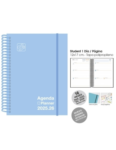 AGENDA ANUAL 2025-26 SENFORT 16 MESES IKI UNICOLOR ESPIRAL tapa PP con GOMA 155x215 SV PASTEL AZUL