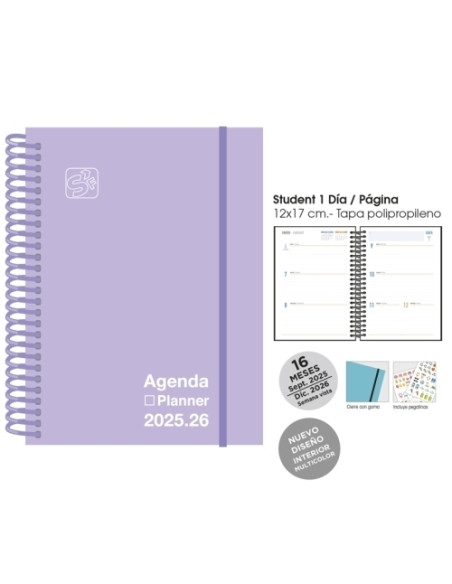 AGENDA ANUAL 2025-26 SENFORT 16 MESES IKI UNICOLOR ESPIRAL tapa PP con GOMA 155x215 SV PASTEL LILA