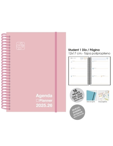AGENDA ANUAL 2025-26 SENFORT 16 MESES IKI UNICOLOR ESPIRAL tapa PP con GOMA 155x215 SV PASTEL ROSA