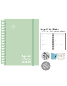 AGENDA ANUAL 2025-26 SENFORT 16 MESES IKI UNICOLOR ESPIRAL tapa PP con GOMA 155x215 SV PASTEL VERDE