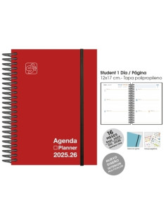 AGENDA ANUAL 2025-26 SENFORT 16 MESES IKI UNICOLOR ESPIRAL tapa PP con GOMA 155x215 SV ROJO