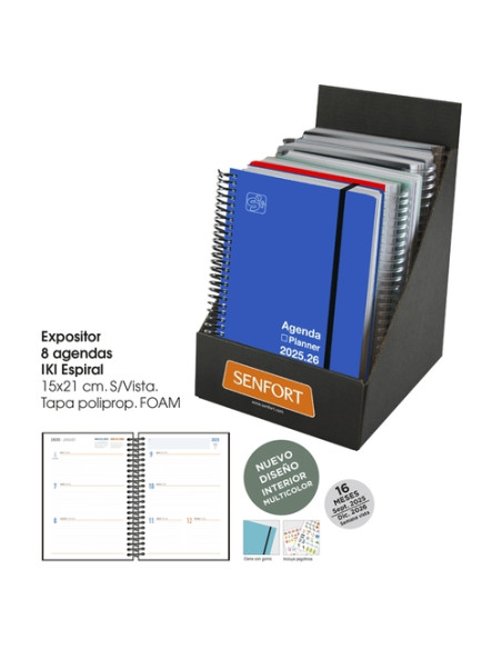 AGENDA ANUAL 2025-26 SENFORT 16 MESES IKI UNICOLOR ESPIRAL tapa PP con GOMA 155x215 SV SURTIDO EXPOSITOR DE 10