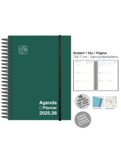 AGENDA ANUAL 2025-26 SENFORT 16 MESES IKI UNICOLOR ESPIRAL tapa PP con GOMA 155x215 SV VERDE