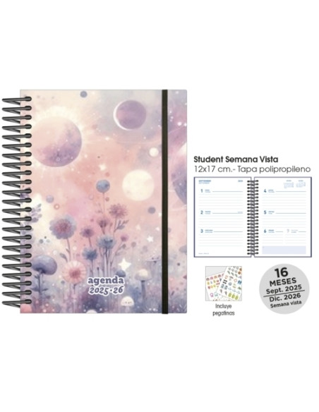 AGENDA ANUAL 2025-26 SENFORT 16 MESES STUDENT DECORADA ESPIRAL tapa PP con GOMA 120x170 SV GARDEN PLANET
