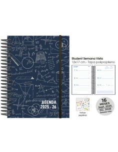 AGENDA ANUAL 2025-26 SENFORT 16 MESES STUDENT DECORADA ESPIRAL tapa PP con GOMA 120x170 SV MATHS AZUL
