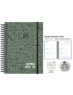 AGENDA ANUAL 2025-26 SENFORT 16 MESES STUDENT DECORADA ESPIRAL tapa PP con GOMA 120x170 SV MATHS VERDE