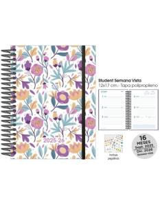 AGENDA ANUAL 2025-26 SENFORT 16 MESES STUDENT DECORADA ESPIRAL tapa PP con GOMA 120x170 SV PURPLE FLOWERS