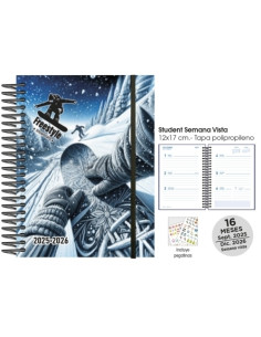 AGENDA ANUAL 2025-26 SENFORT 16 MESES STUDENT DECORADA ESPIRAL tapa PP con GOMA 120x170 SV RIDERS SNOW