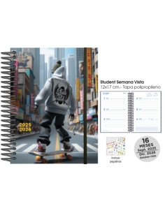 AGENDA ANUAL 2025-26 SENFORT 16 MESES STUDENT DECORADA ESPIRAL tapa PP con GOMA 120x170 SV SKATEBOARD CITY