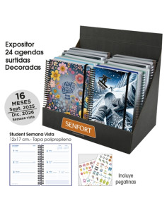 AGENDA ANUAL 2025-26 SENFORT 16 MESES STUDENT DECORADA ESPIRAL tapa PP con GOMA 120x170 SV SURTIDO EXPOSITOR DE 24