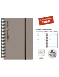 AGENDA ANUAL 2025-26 SENFORT 16 MESES STUDENT FOAM ESPIRAL tapa PP con GOMA 120x170 SV GRIS
